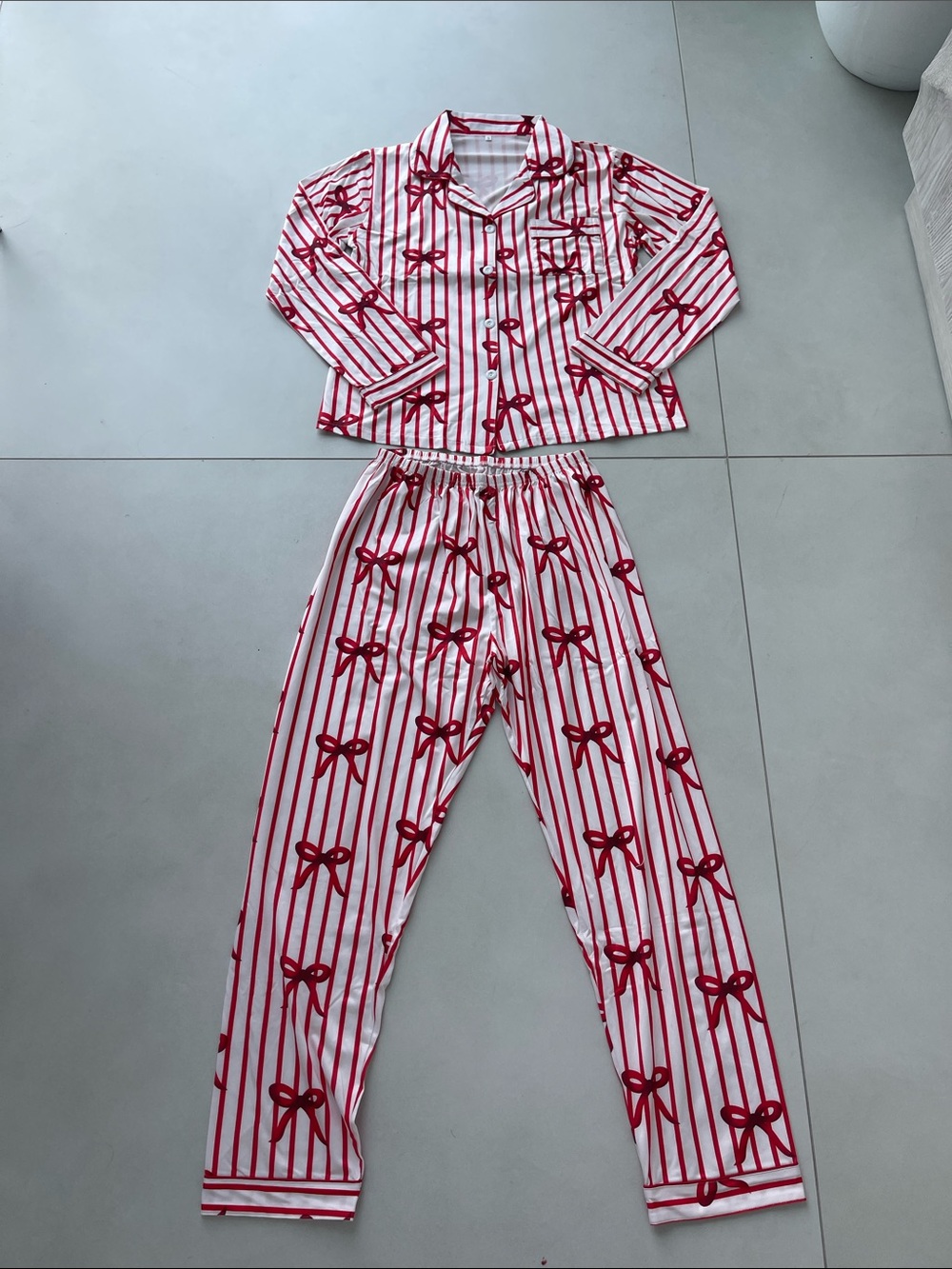 Amazon Pink and Red Striped Bow Pajama Set - Girls Long Sleeve Top & Pants